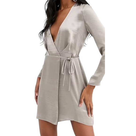 ASOS Design Satin High Shine Wrap Mini Dress Mink Size 4 NWT - Picture 1 of 15